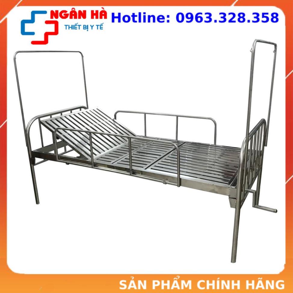 Giường bệnh nhân, Giường bệnh nhân inox 1 tay quay có thành giường cọc màn, bánh xe  - liên hệ với shop trước khi đặt