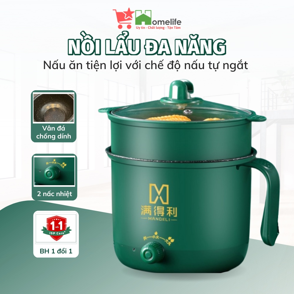 Nồi Lẩu Điện Mini, Nấu Mì 2 Tầng Kèm Giá Hấp Đa Năng Nướng, Luộc, Chiên Chống Dính Vấn Đá Tiện Lợi, Ca nấu mì mẫu mới
