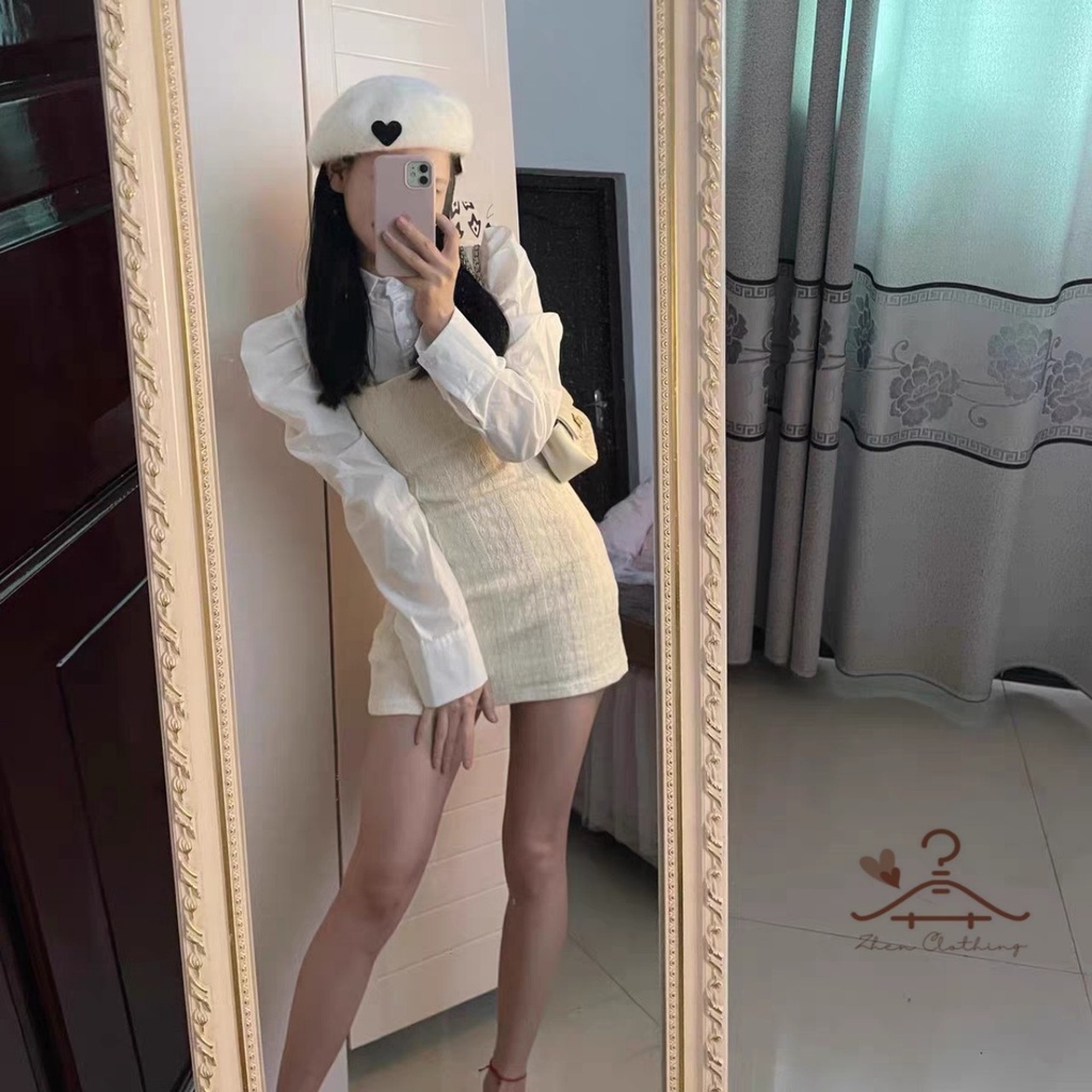 Set áo sơ mi trắng tay phồng + váy 2 dây trắng kem tiểu thư nhẹ nhàng, nữ tính