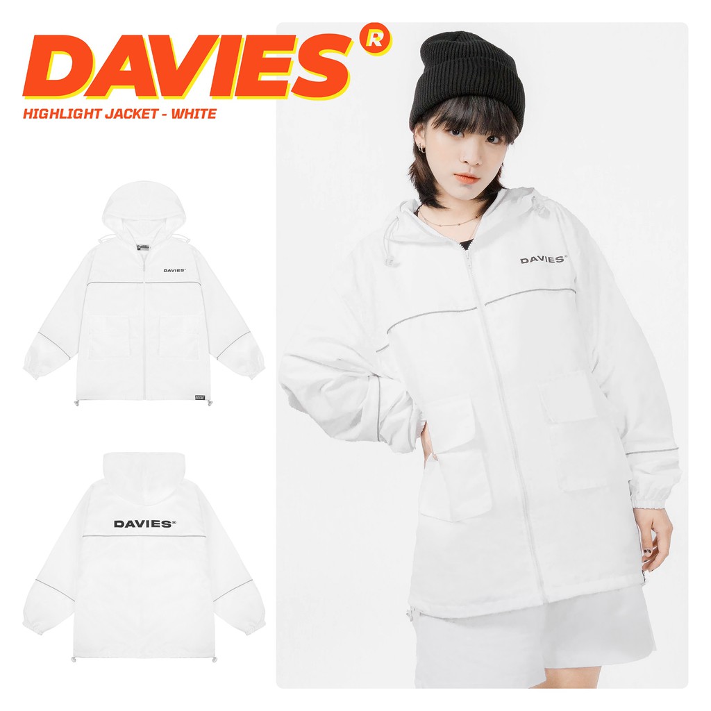 Áo khoác dù nam nữ form rộng có nón màu trắng phản quang local brand DAVIES Highlight Jacket.