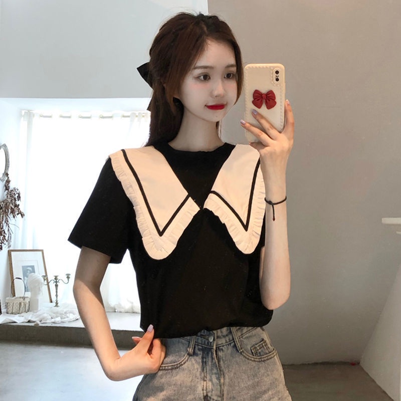 Áo thun tay ngắn cổ búp bê phong cách Hàn Quốc