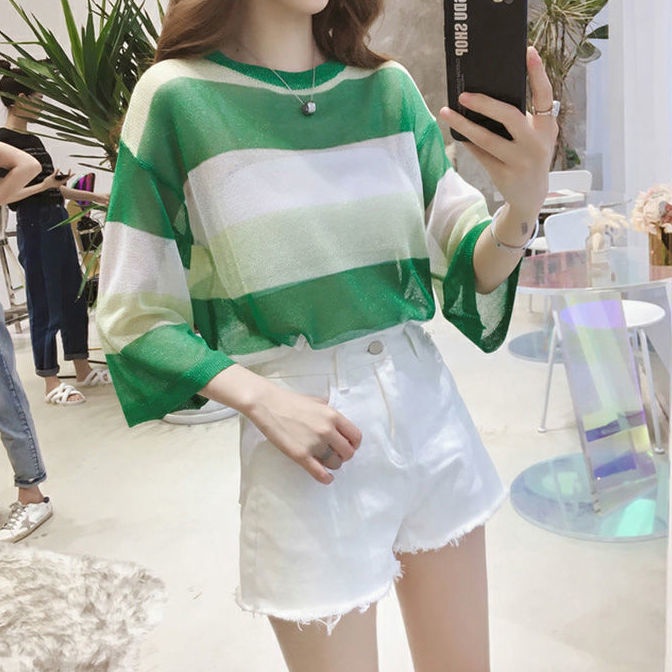 Áo Thun Nữ Dài Tay Cổ Tròn Sọc Ngang Thời Trang Hàn