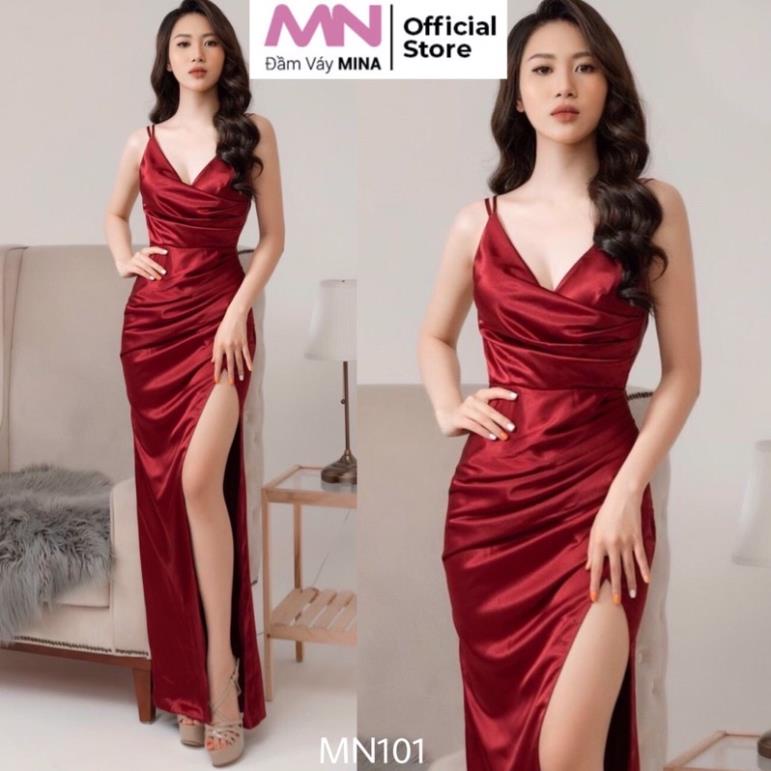 Vip Đầm đỏ maxi hai dây dáng ôm xẻ đùi quyến rũ đi tiệc dạ hội đi chơi - MN101 - Đầm Váy Mina