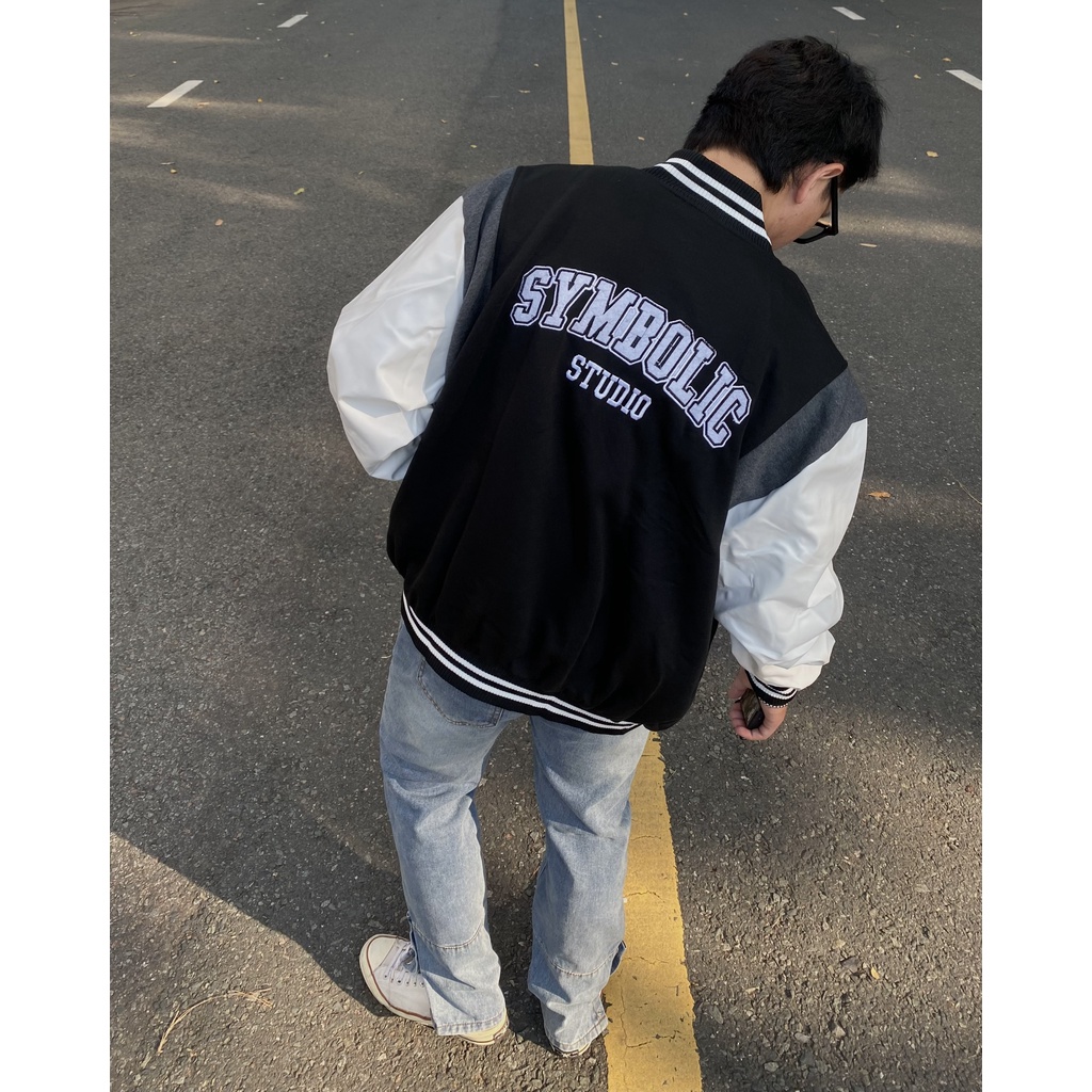 Áo khoác bomber Symbolic Varsity jacket chất dạ 2 lớp áo bomber phối tay da Pu cao cấp