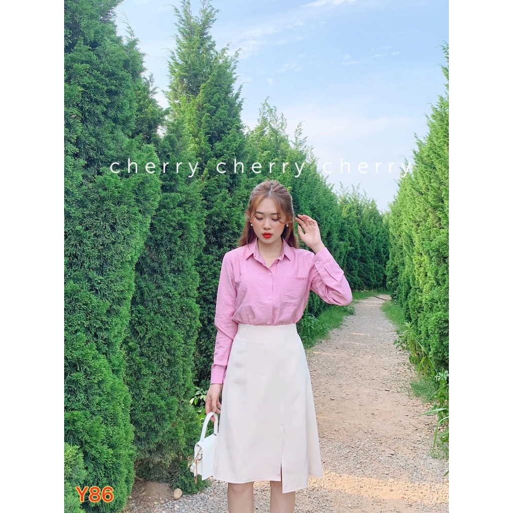 Sét áo sơ mi hồng chân váy chữ A Y86
