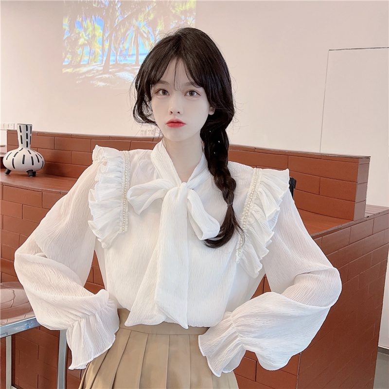 Áo Sơ Mi Nữ Vải Voan Nhăn Màu Trắng, Be Cổ Bèo Thắt Nơ Tay Phồng Loe Nhẹ Nhàng Sang Trọng Tiểu Thư Hàn Quốc Hàng Loại 1