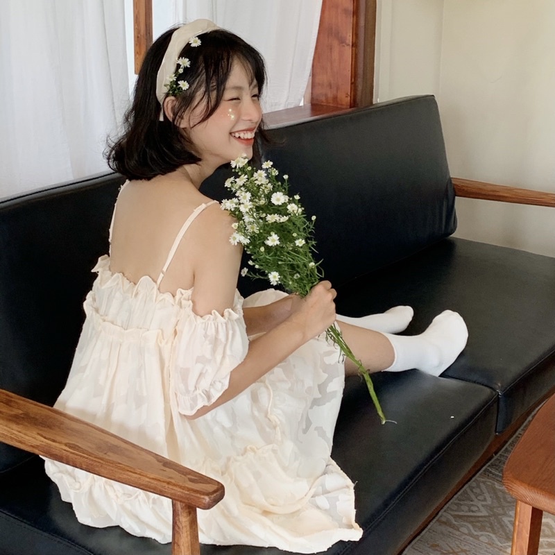 Váy babydoll trễ vai hoa nổi xòe rộng chữ A form đẹp mùa hè 2022 Kozoda D59