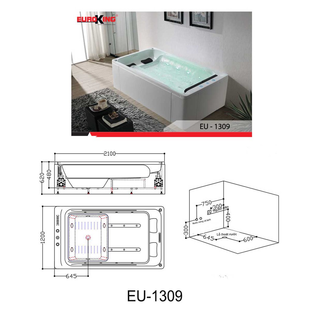 Bồn tắm massage cao cấp Euroking EU-1309, bảo hành chính hãng 02 năm