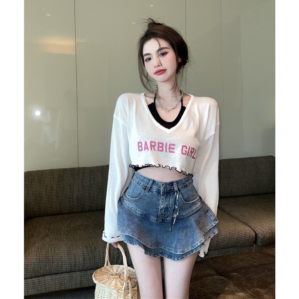 Set Áo Croptop Barbie Dài Tay chạy viền Kèm Áo Yếm Buộc 2 Màu