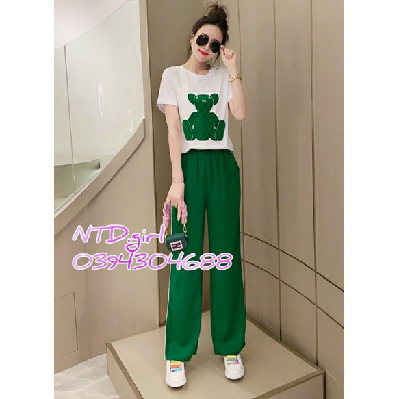Set bộ nữ thun cotton thêu gấu ống rộng, sét đồ thể thao viền sọc xì tin - HTR