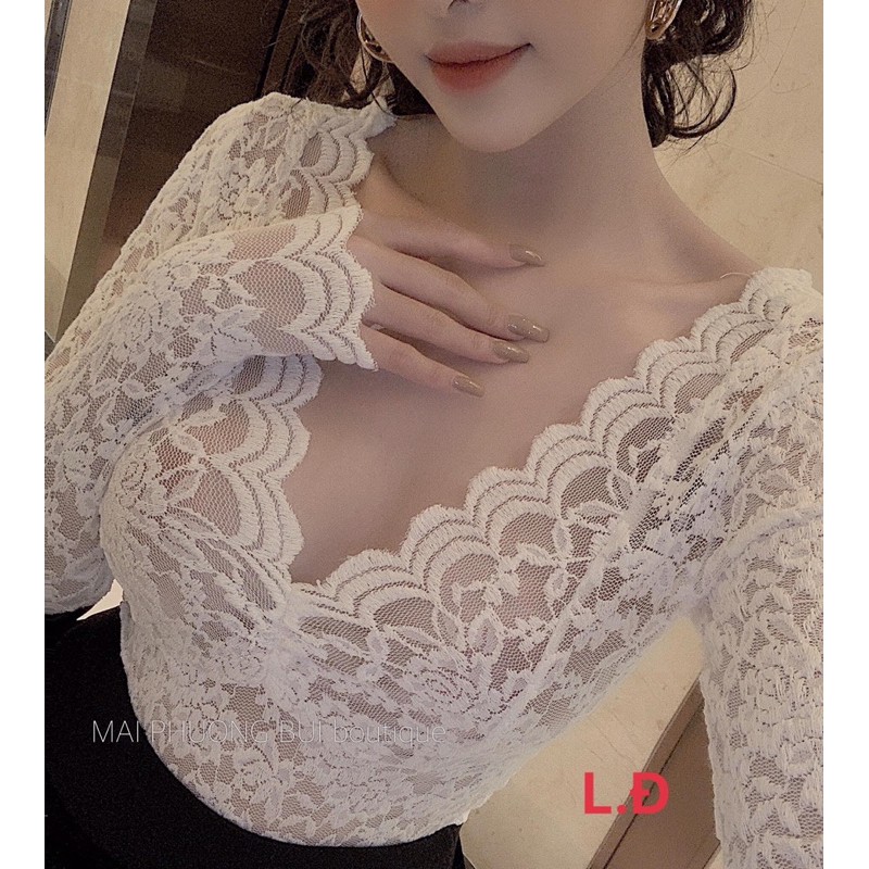 Áo ren cổ tim dài tay