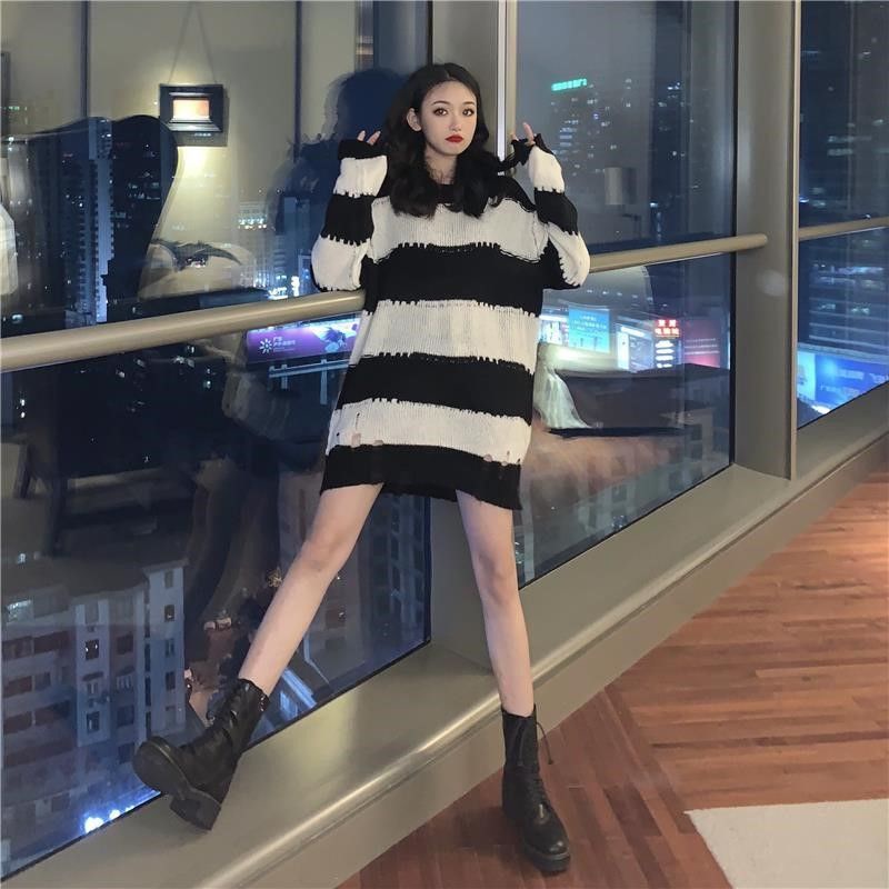Hàng Mới Về Mới Áo Sweater Dệt Kim Tay Dài Dáng Rộng In Họa Tiết Kẻ Sọc Phong Cách Hàn Quốc Thời Trang Mùa Thu 2021 Cho Nữ