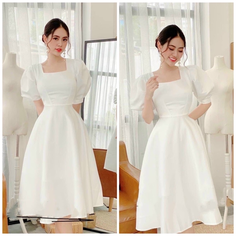 Đầm dự tiệc thanh lịch trắng cổ vuông basic form dài (kèm hình thật)