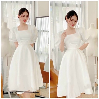 Đầm dự tiệc thanh lịch trắng cổ vuông basic form dài
