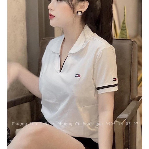 Polo nữ chất cá sấu cổ V cá tính tay bo dệt hàng có size vanmiushop