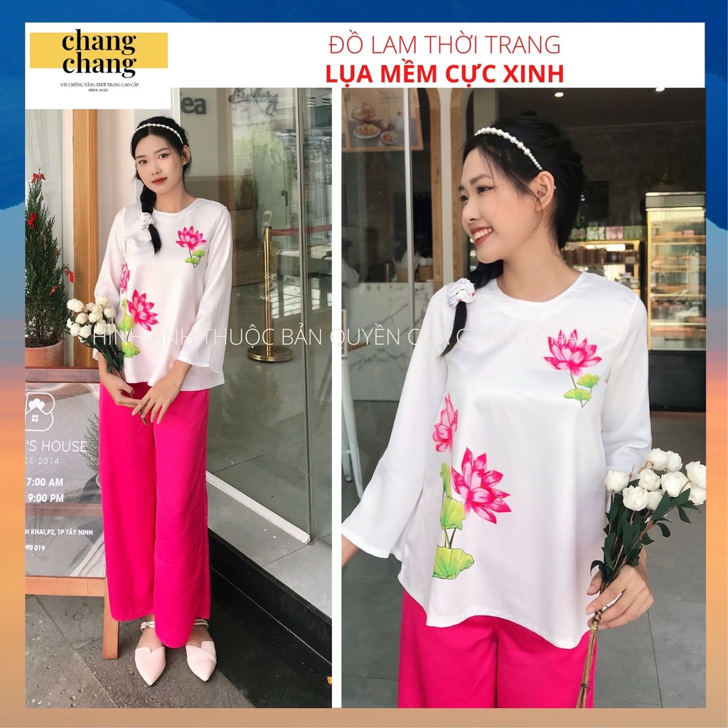Đồ Lam Nữ, Đồ Bộ Đi Chùa Nữ Họa Tiết Sen Hông Vải Lụa Cao Cấp | Chang Chang