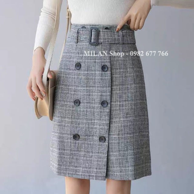 Chân váy dạ ngang gối kèm đai 2 hàng khuy thời trang. | BigBuy360 - bigbuy360.vn