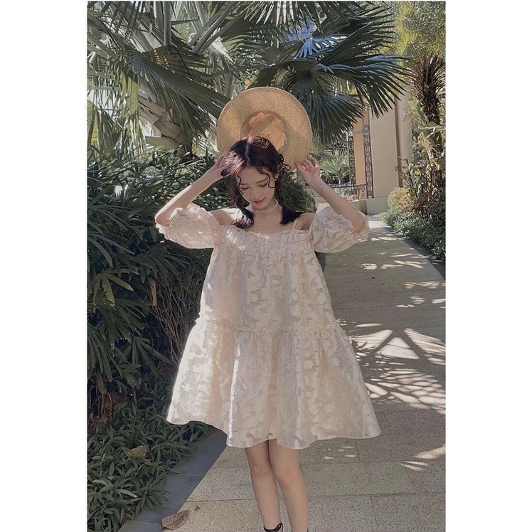 [Ảnh thật/Sẵn] Đầm 2 dây họa tiết hoa nổi dáng xòe - Váy trễ vai tay bo in hoa nổi dáng ngắn