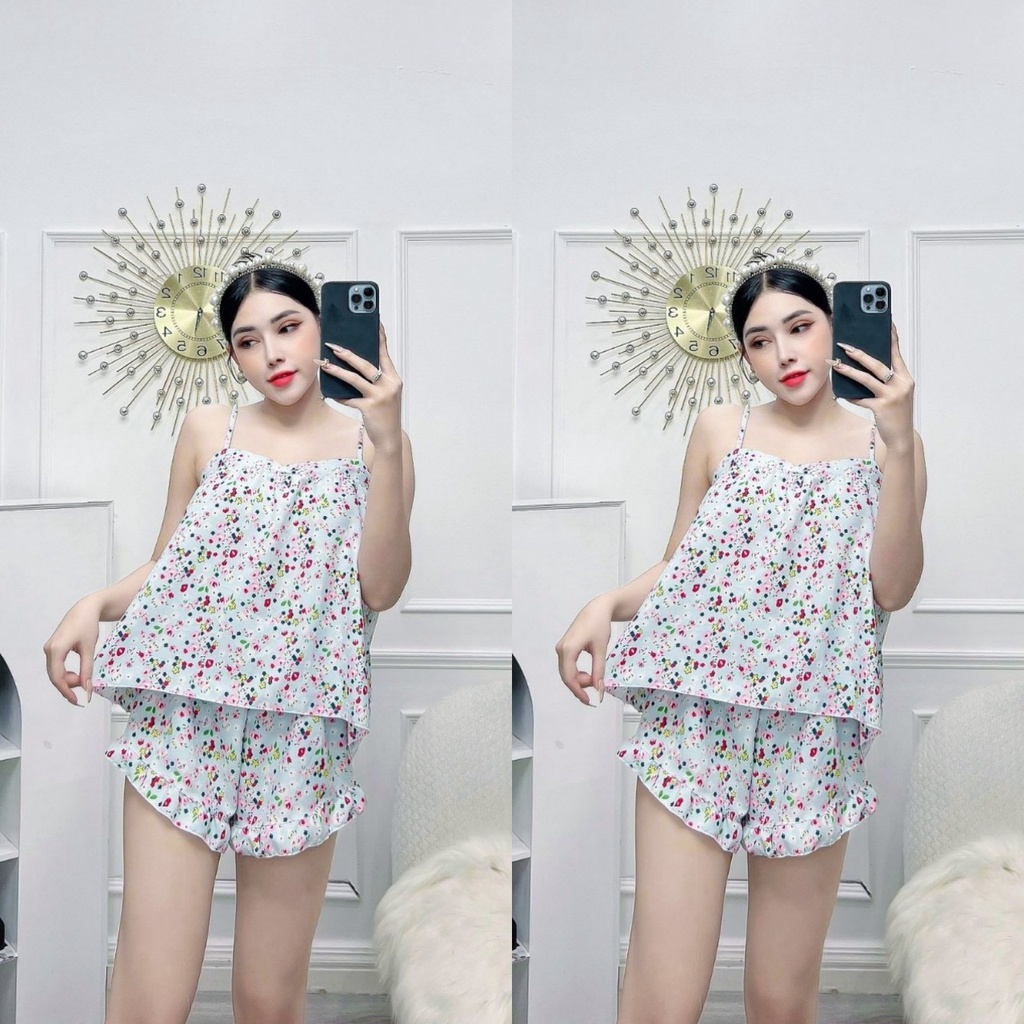 Đồ ngủ 2 dây quần bèo siêu xinh vải lụa hàn họa tiết lạ siêu dễ thương freesize dưới 57kg