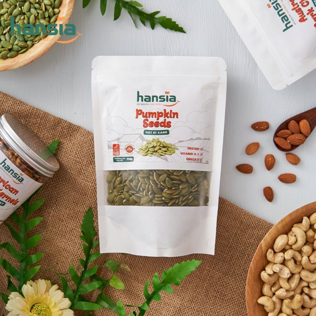 Hạt Bí Xanh Organic HANSIA Thơm Ngon, Bổ Dưỡng Chứa Nhiều Viatamin Và Khoáng Chất, Tăng Cường Sức Khỏe Túi 250g - 500g