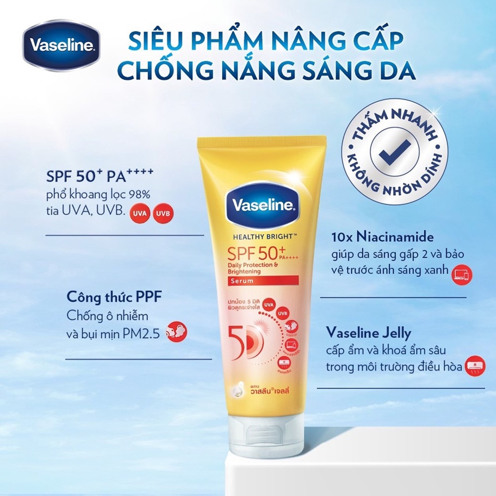 Serum chống nắng Vaseline 50x, sáng da gấp 2x Daily Healthy Bright SPF 50+ PA++++ 300ml