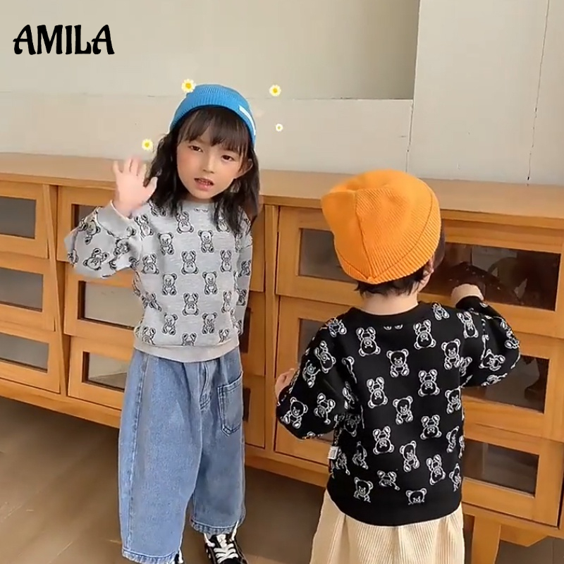 Áo sweater AMILA tay dài cổ tròn in hình gấu thời trang thu đông mới cho bé gái