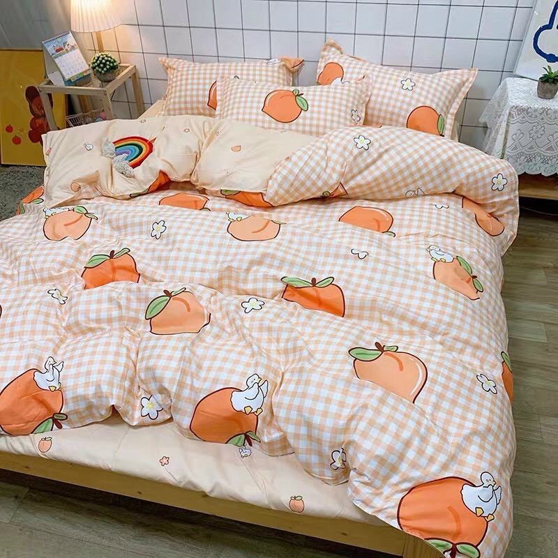 Bộ chăn ga gối Cotton poly M2T bedding, vỏ chăn mền, drap ga giường và 2 vỏ gối - PL Đào cam kẻ