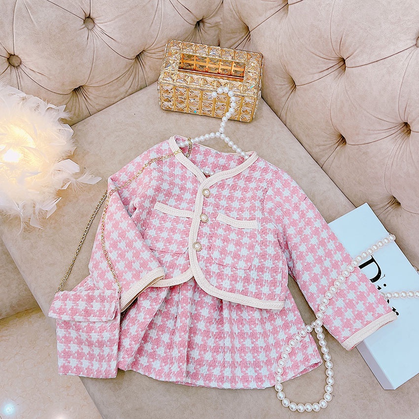 SET VÁY DẠ CADIGAN DÀI TAY HỌA TIẾT HOUNDSTOOTH KÈM TÚI ĐEO CỰC XINH CHO BÉ GÁI SIÊU ẤM ÁP SIZE 15-34KG [V28]