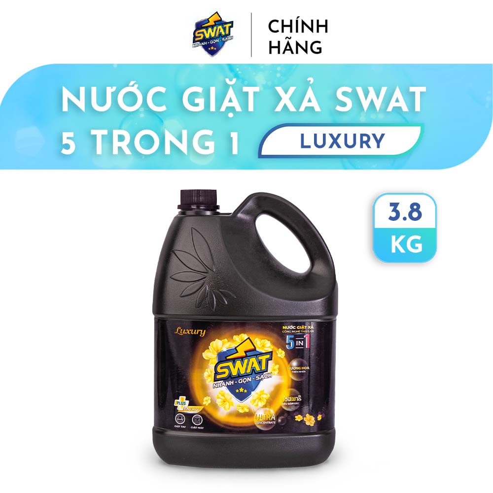 Combo 1 can 3.8kg và 1 túi 2.2kg nước giặt xả 5 in 1 SWAT hương Luxury tiện dụng, giúp diệt khuẩn lưu hương lâu