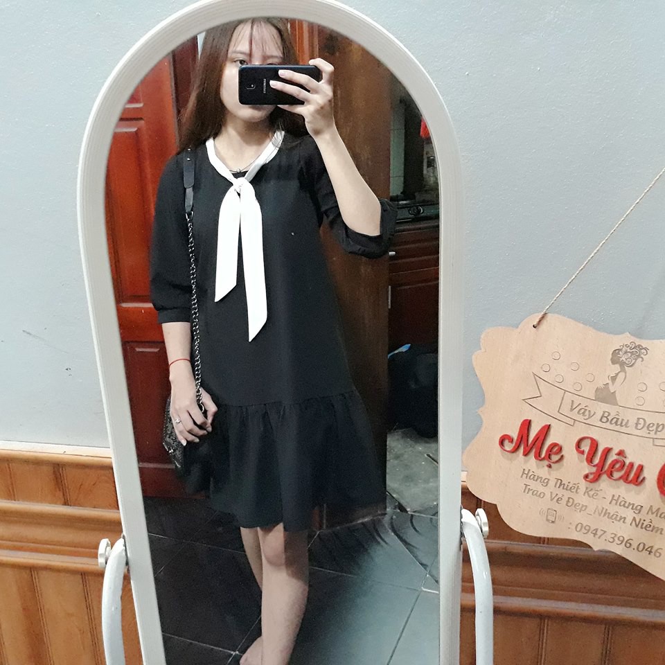 Váy bầu công sở, đầm bầu thiết kế đen trắng, tay bo nhẹ, cổ nơ, hai màu đen, trắng MYC1265