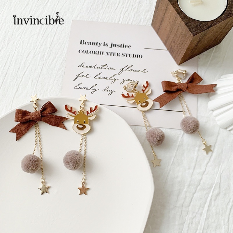 Hoa tai tua rua dáng dài thời trang thắt nơ trang trí bóng lông sáng tạo không đối xứng