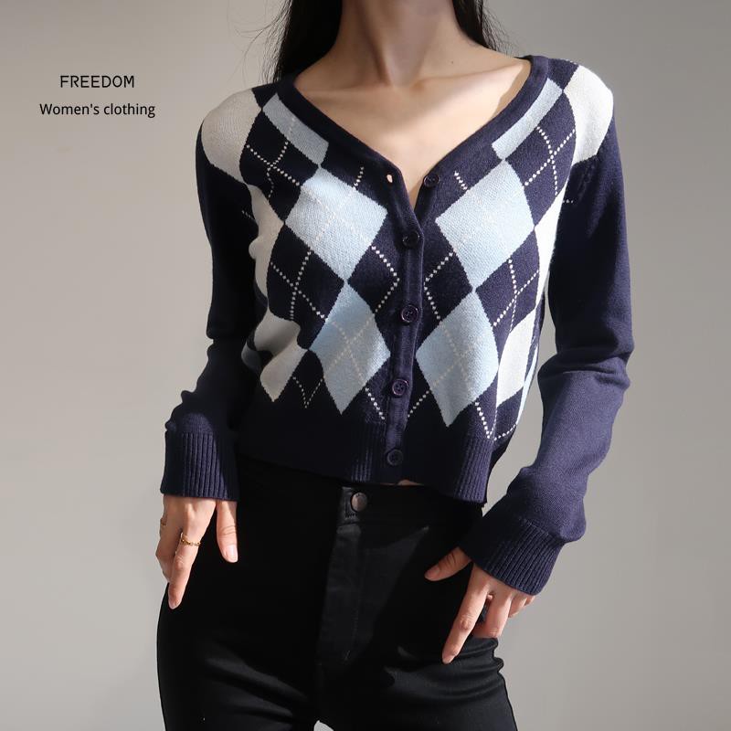 FREEDOM  Áo Khoác Cardigan dệt kim cổ chữ V Tay Dài Dáng Ngắn Họa Tiết Hình Thời Màu Phong Cách Âu Mỹ Trang Cho