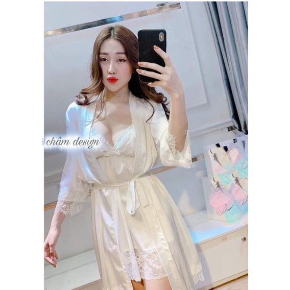 sét váy ngủ trắng kèm choàng kết hợp ren trắng❤️