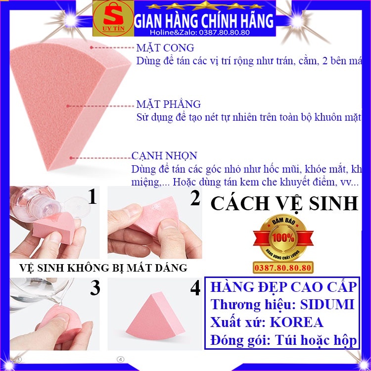 Set 4 Miếng bông mút trang điểm hình thoi loại tốt Sidumi hàn quôc đánh phấn nước cushion kem nền bb cc cream tam giác