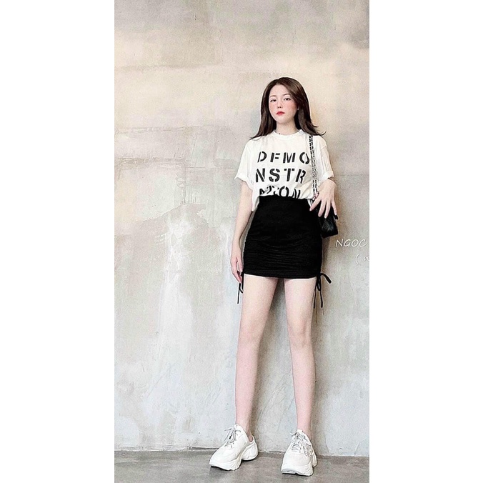 Set chân váy rút đùi + áo pull trắng
