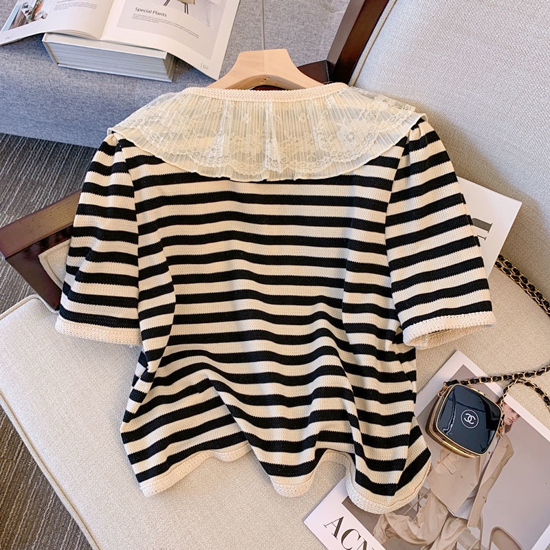 Áo Tay Ngắn Cổ Búp Bê Kẻ Sọc Phối Ren Phong Cách Hàn Quốc