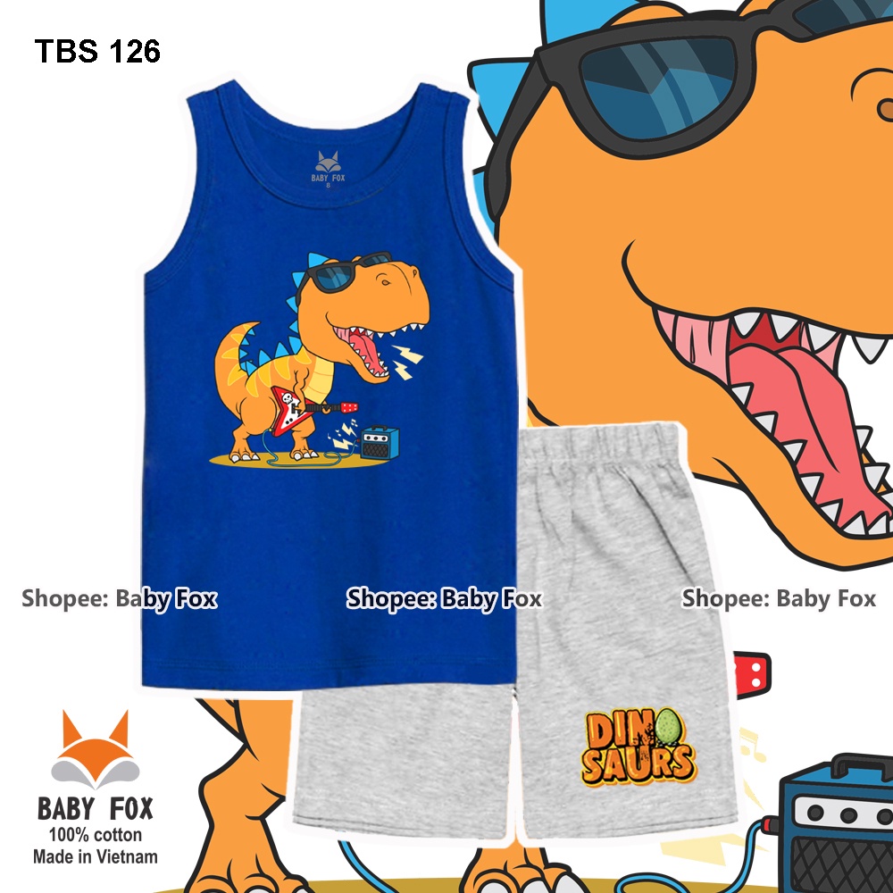 Bộ thun sát nách bé trai 100% cotton loại tốt, thương hiệu BABY FOX, hình khủng long, size 10-55 kg c