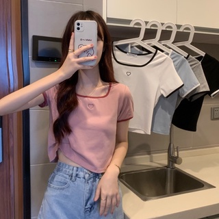 Suxi áo thun croptop tay ngắn dáng ôm thêu họa tiết trái tim thời trang mùa hè cho nữ