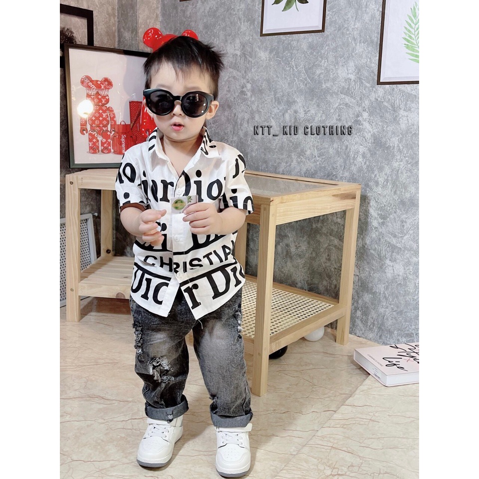 Set công tử với áo sơ mi và quần jean rách cho bé trai từ 12-26kg