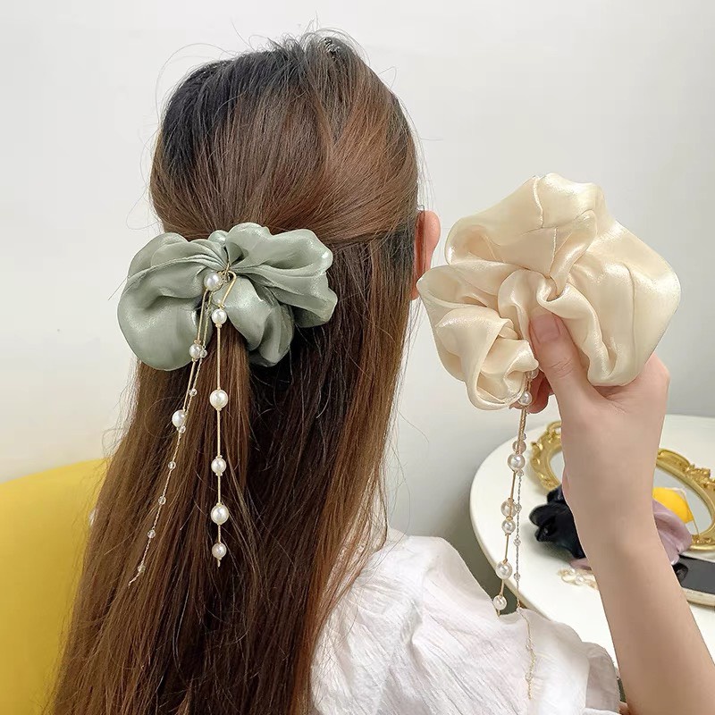Cột tóc vải scrunchies đính dây ngọc hàn quốc dây buộc tóc scrunchies nhiều màu