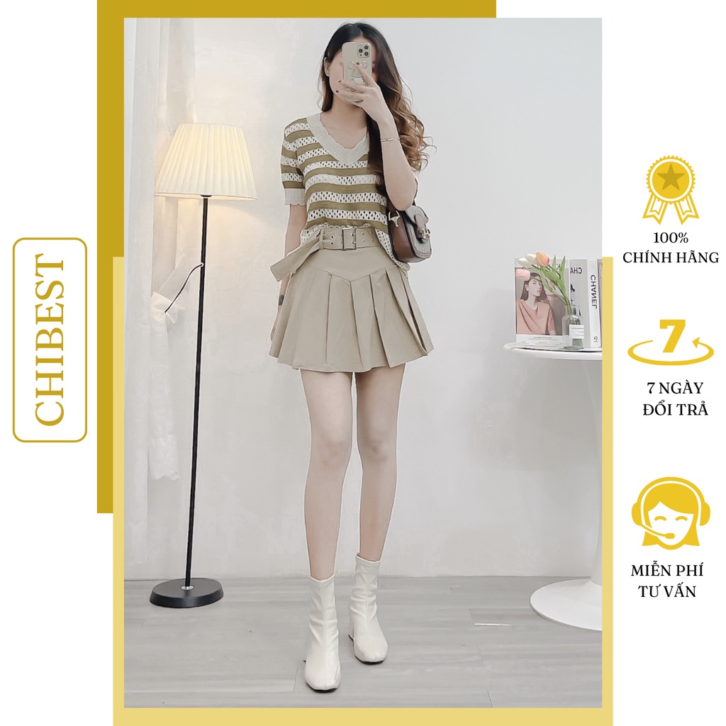 Áo len lưới phối họa tiết kẻ sọc cổ tim sát nách CHIBEST KAB88