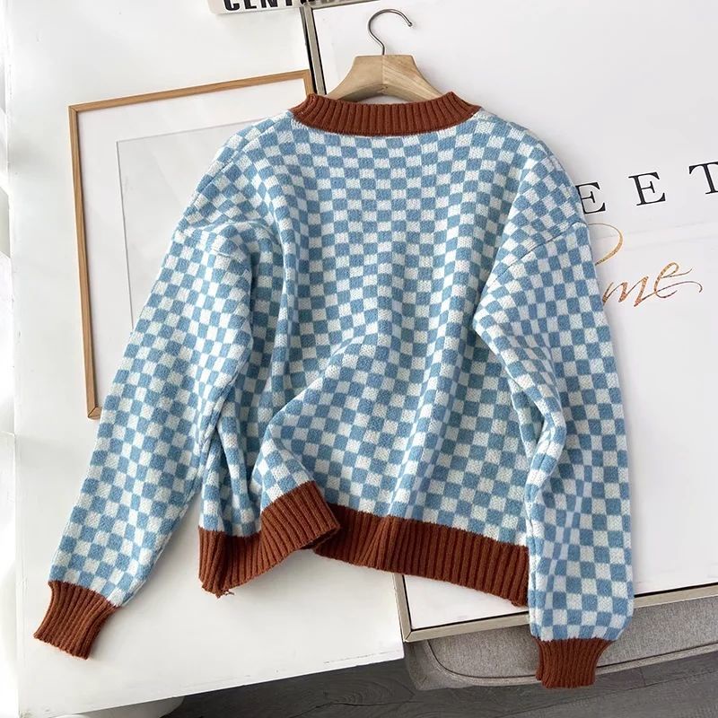 Áo Sweater Dệt Kim Tay Dài Cổ Tròn Màu Sắc Tương Phản Phong Cách Hàn Quốc Thời Trang Thu Đông Cho Nữ