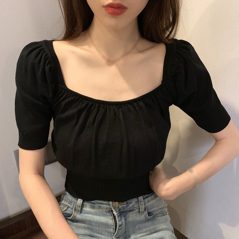 Áo Thun Nữ Ngắn Tay Cổ Vuông Thời Trang Hàn