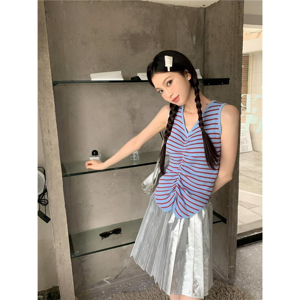 Áo Hai Dây Dệt Kim Cổ Chữ V Họa Tiết Kẻ Sọc Phong Cách Hàn Quốc Thời Trang Mùa Hè Hàng Mới 655