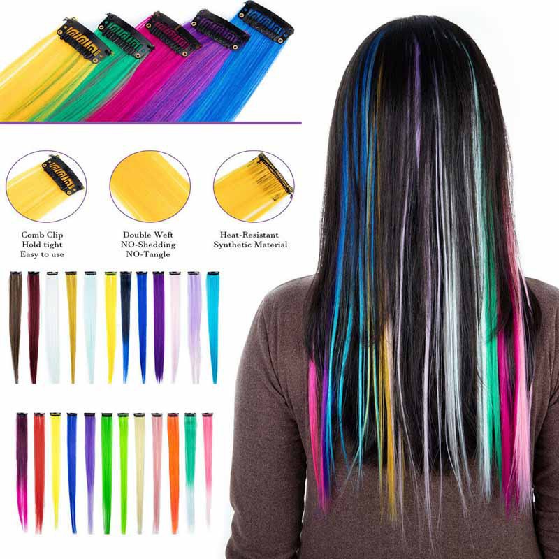Tóc giá nối kiểu dài thẳng nhiều màu có kẹp tiện lợi dành cho trang trí