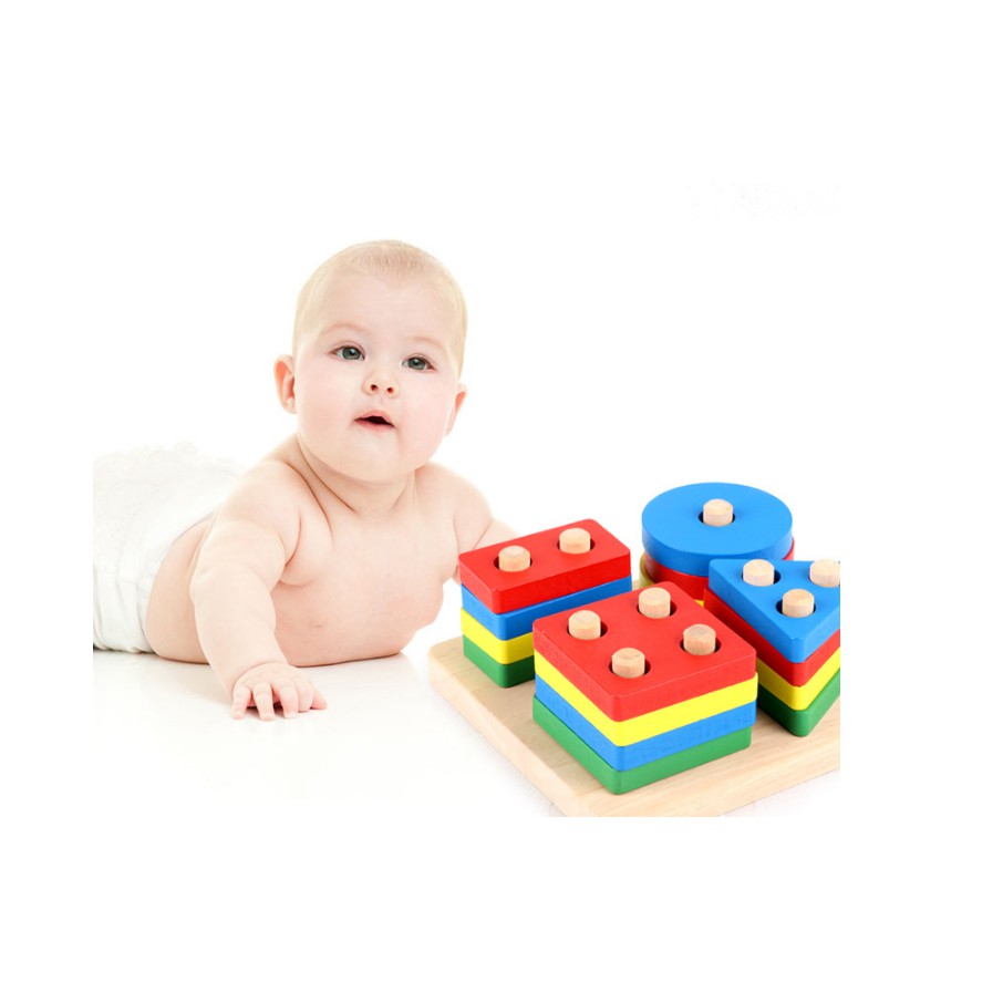 ĐỒ CHƠI GỖ MONTESSORI 4 CỌC HÌNH KHỐI Thông Minh MS11