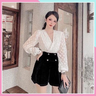 Set Quần Nhung Mix Áo Vạt Chéo 2 Màu Siêu Xinh Sang Chảnh Có Ảnh Thật Kèm Video Mẫu Mặc