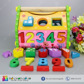 Đồ chơi gỗ Bộ thả hình khối, hình số lắp ghép dạng ngôi nhà
