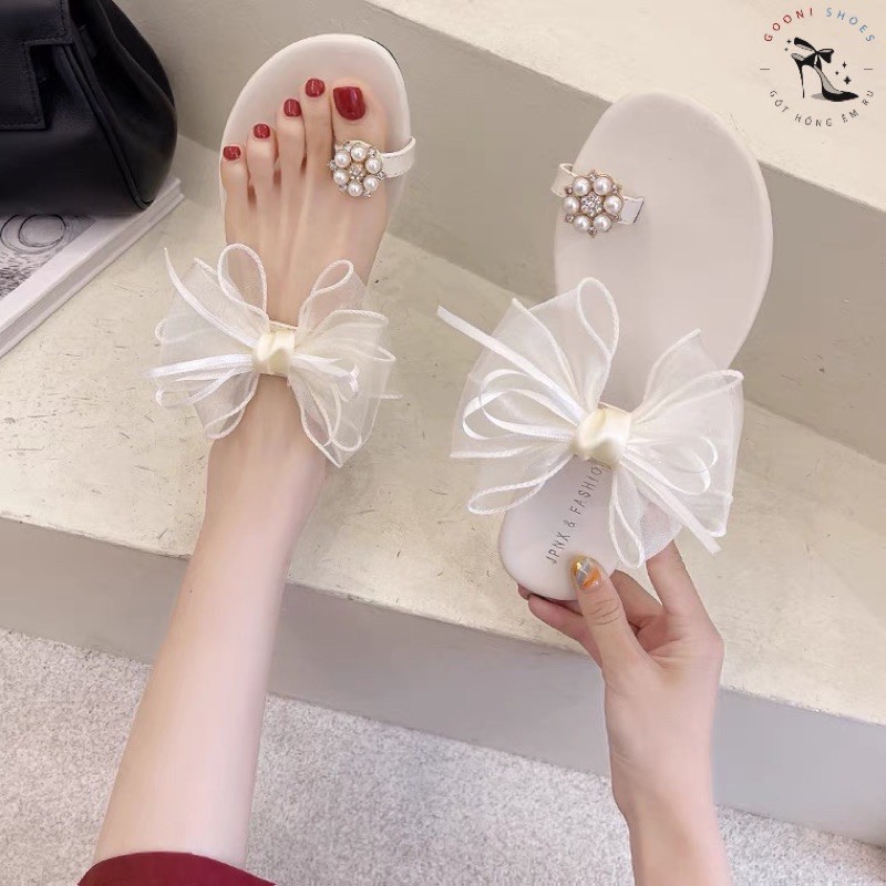 Dép xỏ ngón voan nơ cánh tiên phong cách thời trang tiểu thư dành cho nữ