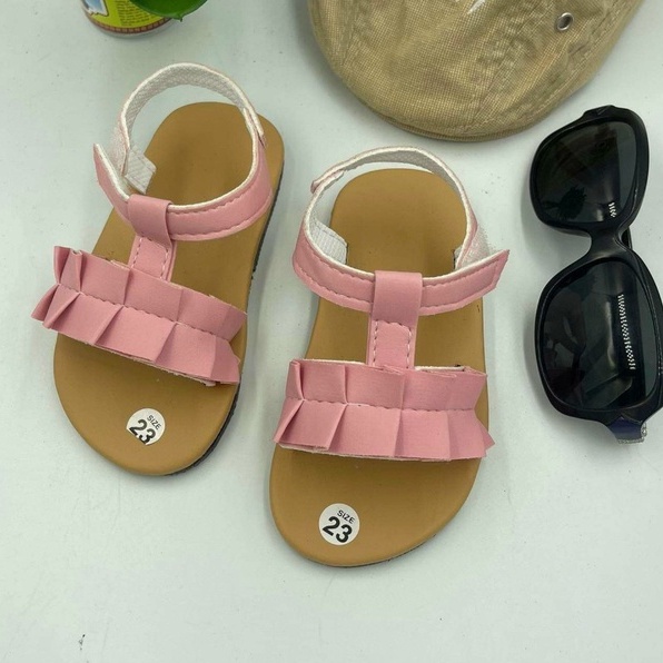 Giày quai dán cho bé gái màu hồng nơ nhúng cute-Chất liệu da cao cấp